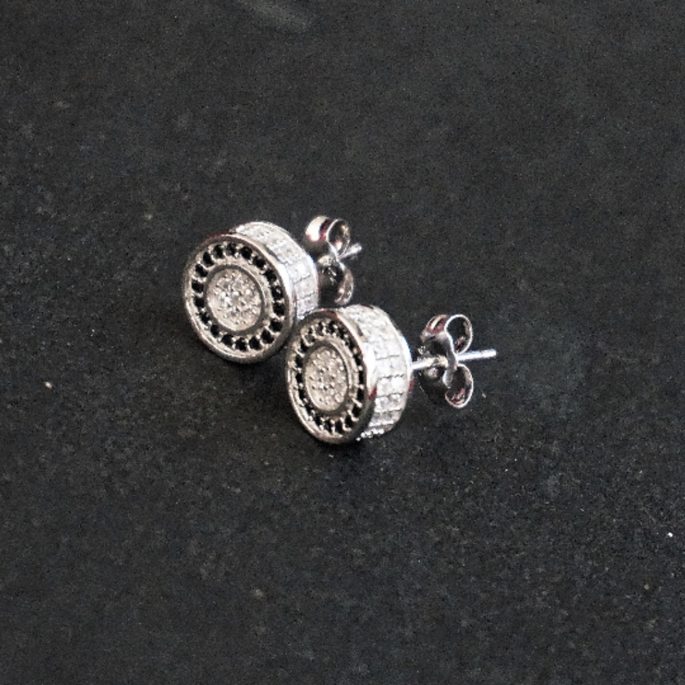 Silver Black/Silver Halo CZ Stud Earrings